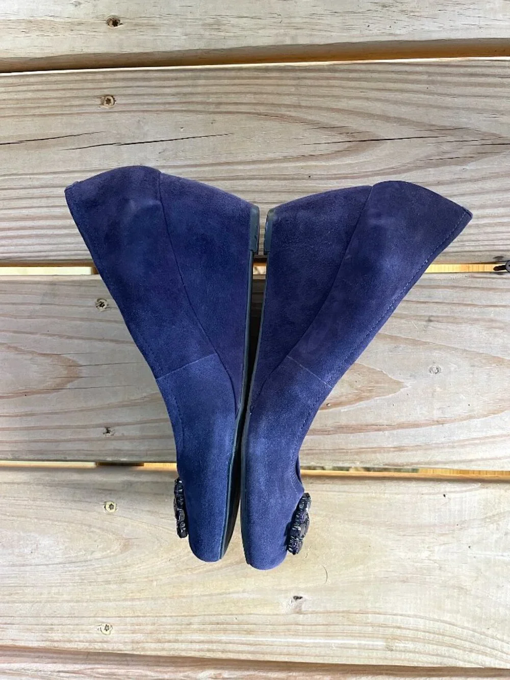 Glam Night Out BCBGeneration Blue Suede Bejeweled Wedges Size 7.5